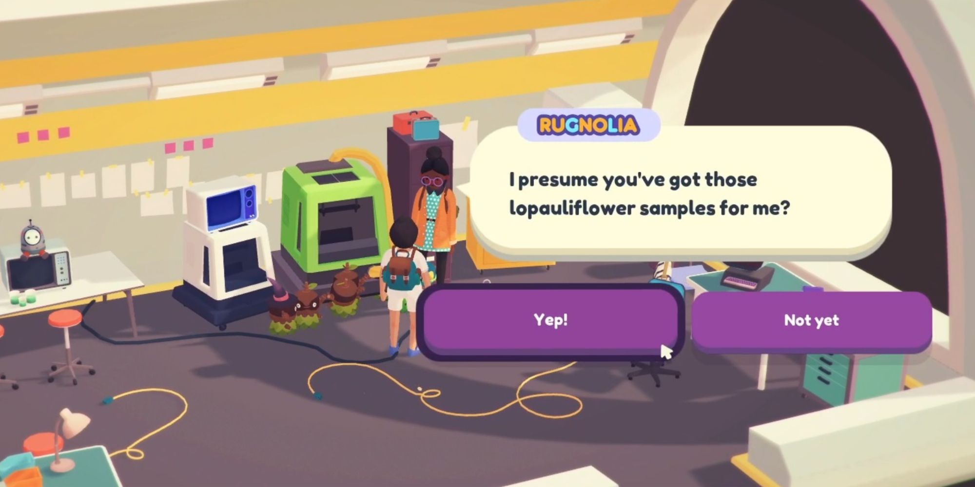 Ooblets entregando una tarea para Rugnolia