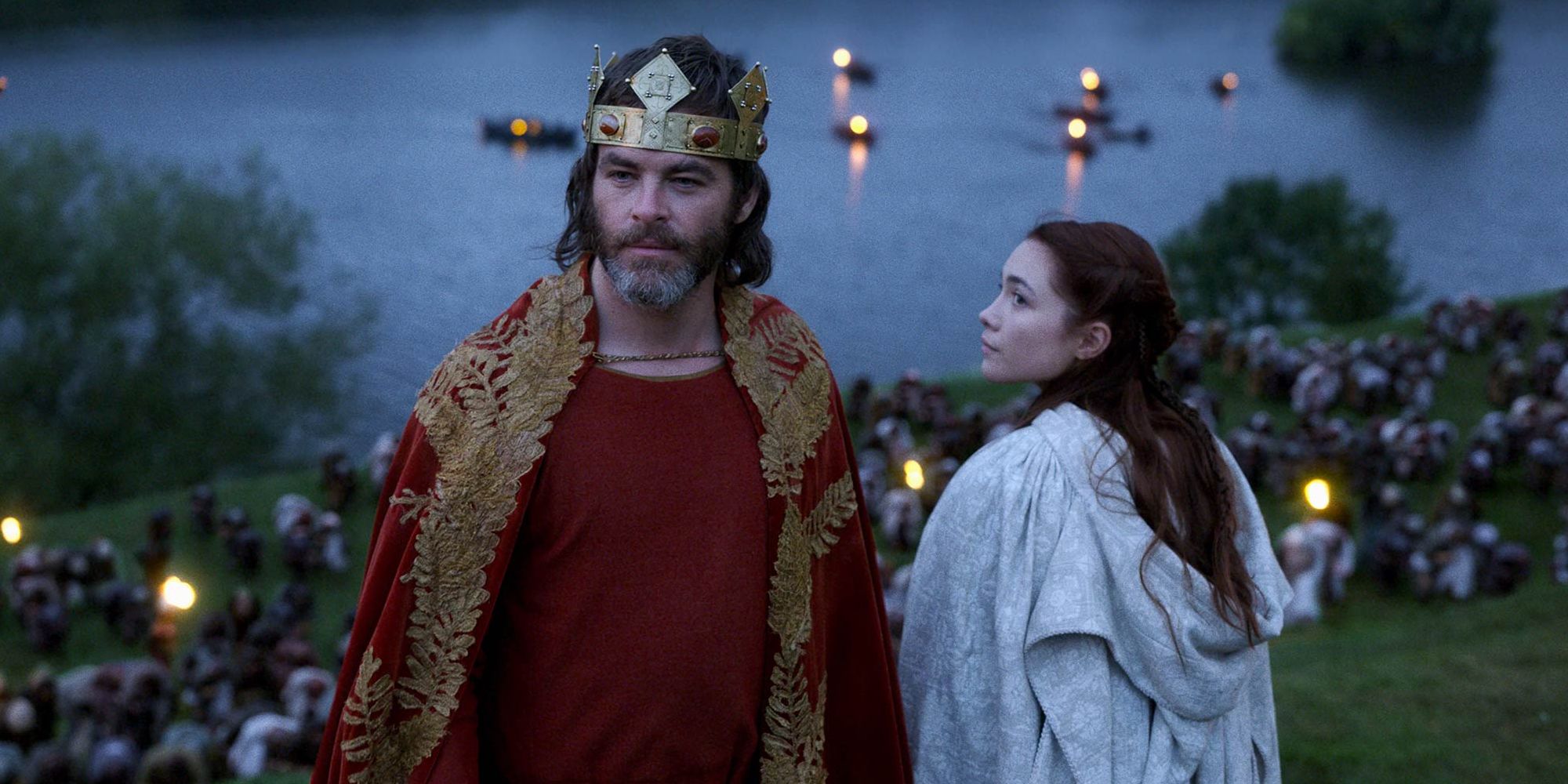 Chris Pine and Florence Pugh overlooking an army in Outlaw King