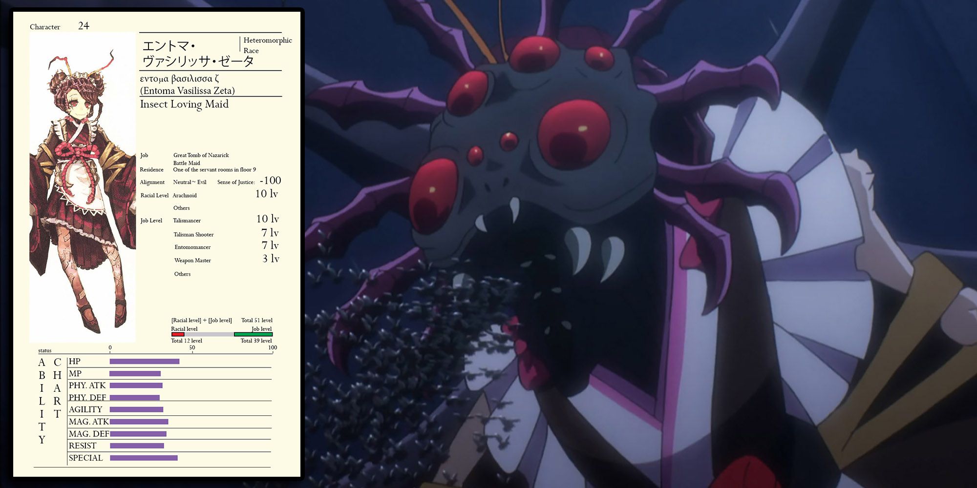 Overlord - Entoma's True Form Spitting Up Bugs With Official Character Sheet Overlaid On Top