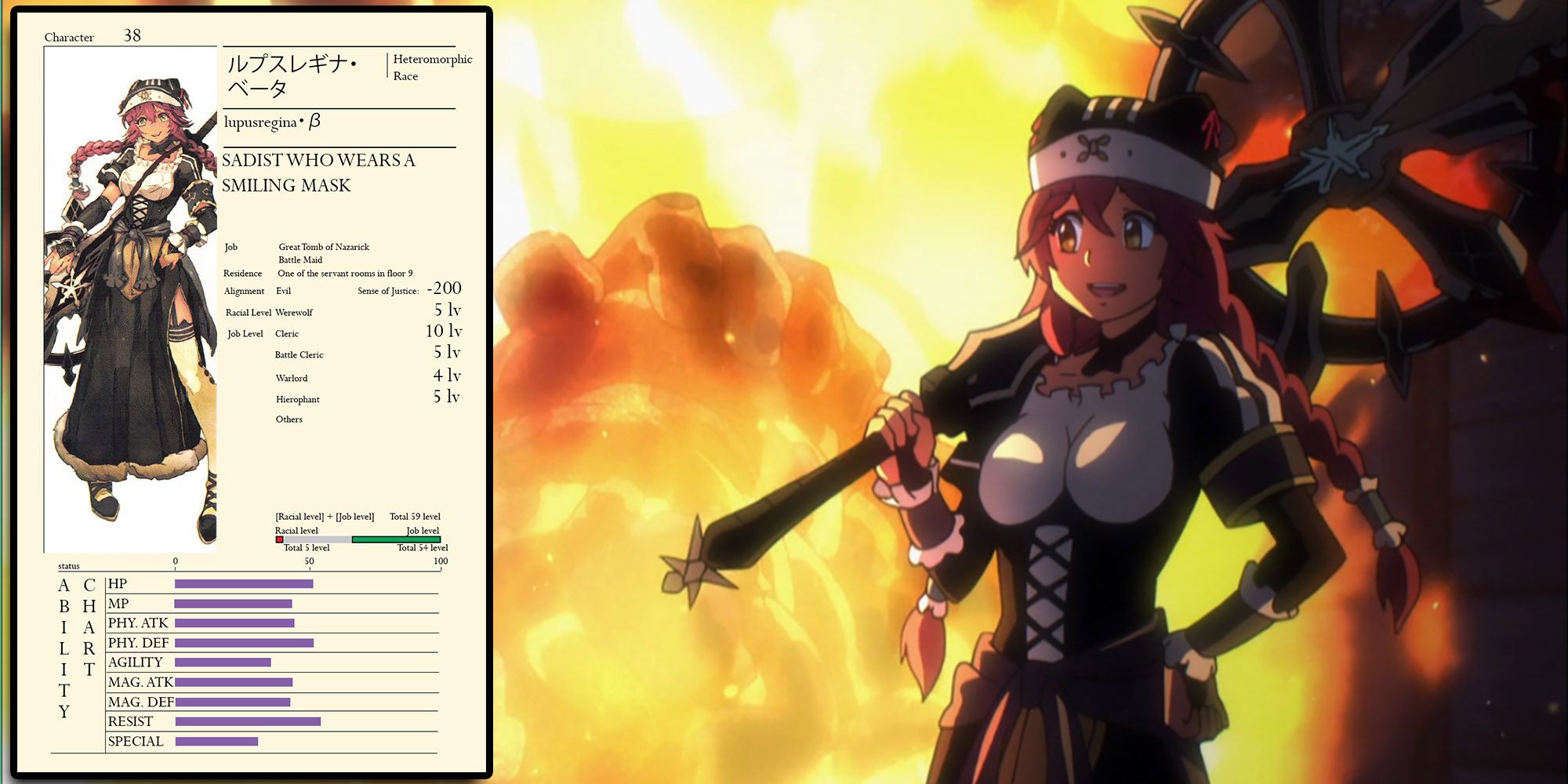 Overlord - Lupusregina Smiling After Decimating A Troll With Flames With Official Character Sheet Overlaid On Top