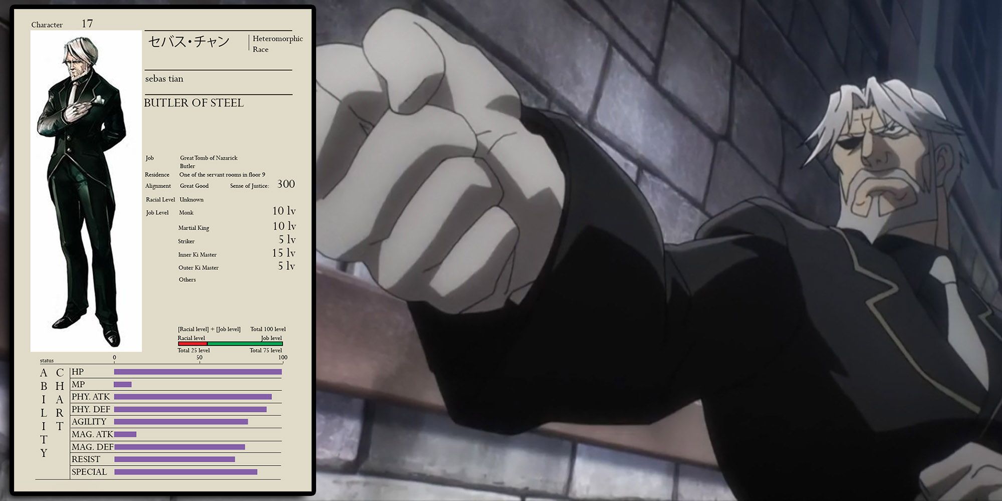 Overlord - Sebas In A Combat Stance With Official Character Sheet Overlaid On Top
