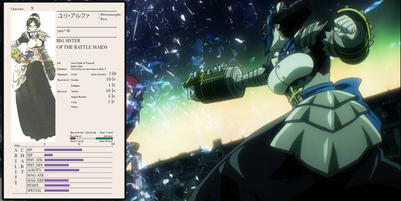 Overlord - Yuri Alpha Punching Away Evil Eye's Barrier With Official Character Sheet Overlaid On Top