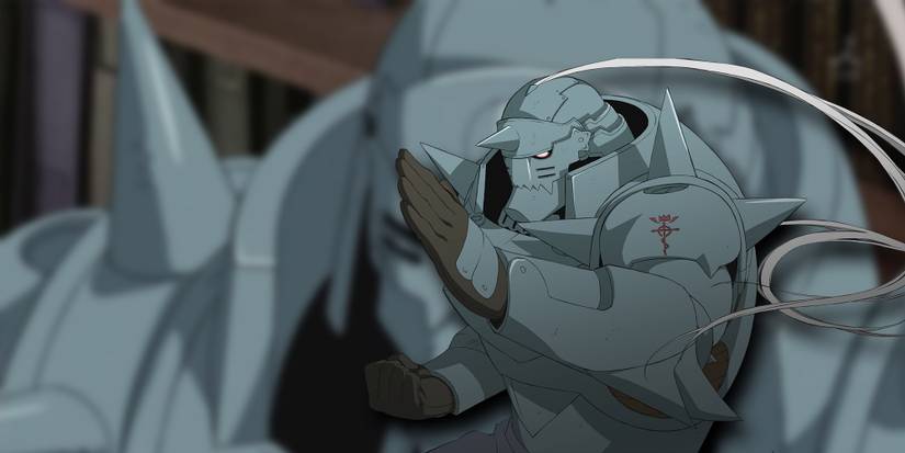 PNG Of Alphonse Elric Over An Image Of His Helmet Close Up