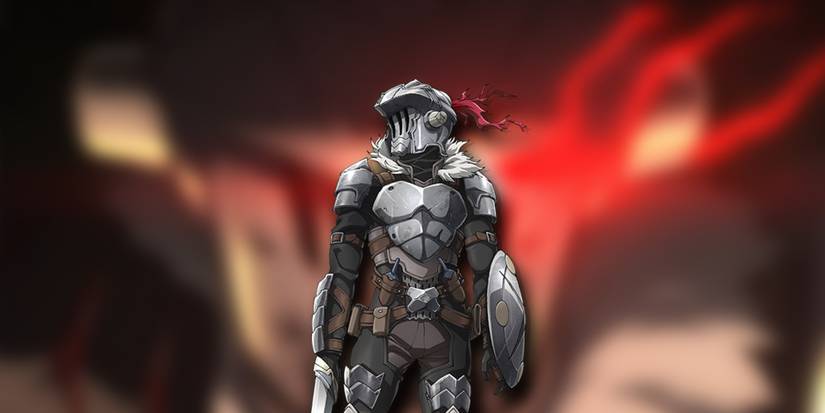 PNG Of Goblin Slayer Overlaid On Image Of Goblin Slayers Glowing Red Eyes In The Anime