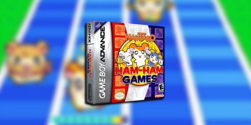 PNG Of The Hamtaro Ham Ham Games Game Box Over Blurred Image Of In-Game Screenshot