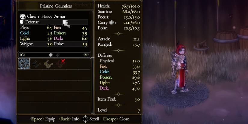 A player wearing the entire Palatine Set and looking at the gauntlets in their inventory in Salt and Sanctuary