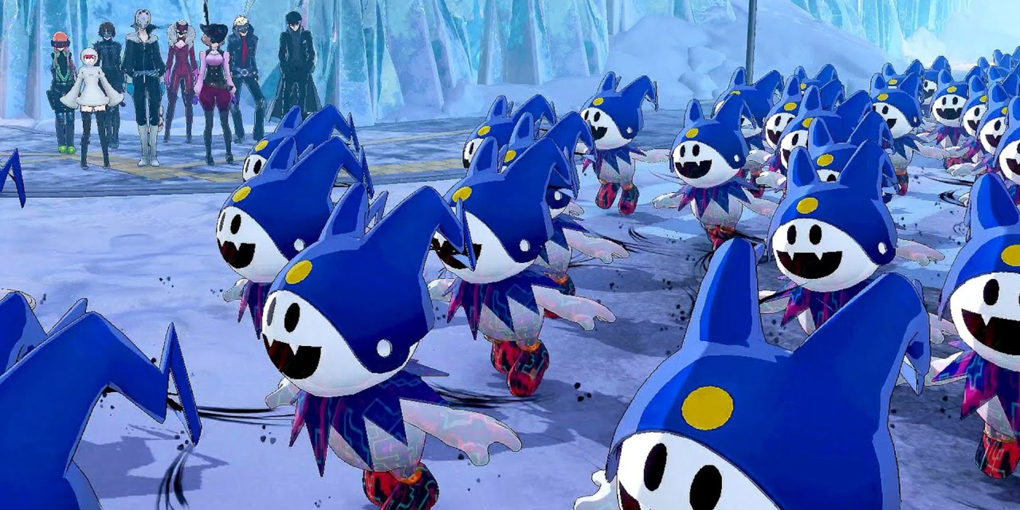 An army of Jack Frost enemies walk past the party in Persona 5 Strikers