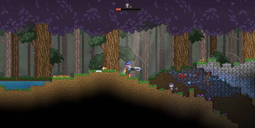 The Plasma Assault Rifle's projectiles bouncing off the wall in Starbound