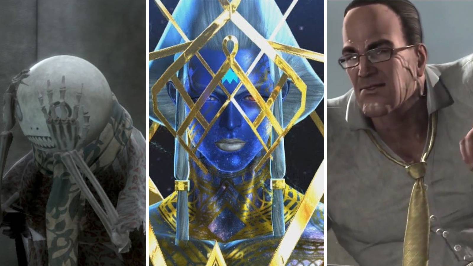 A image showing the boss Emil from Nier: Automata, Aesir from Bayonetta 2, and Senator Armstrong from Metal Gear Rising: Revengeance