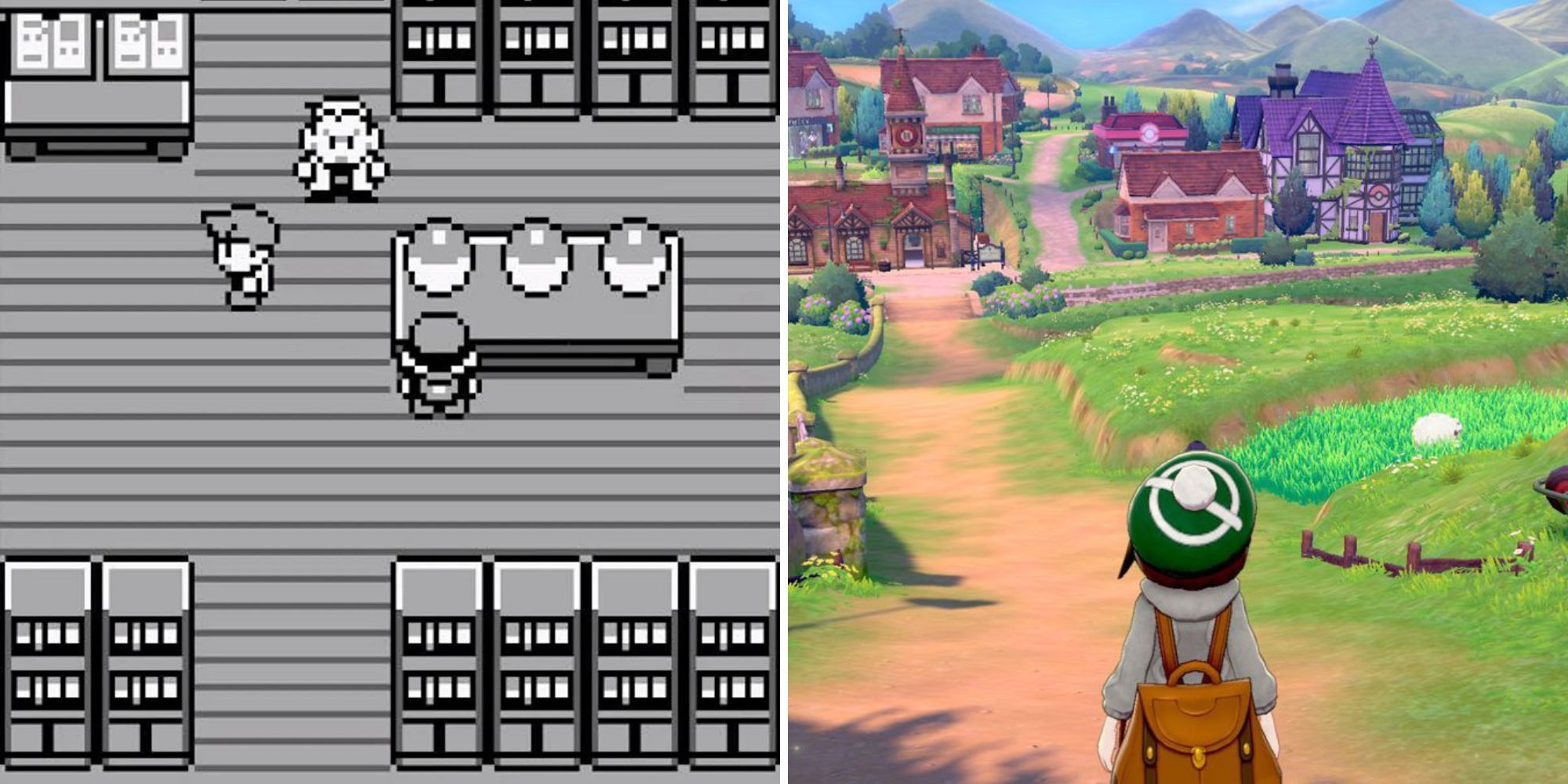 Two images, the first shows the original Pokemon game and the second shows the player in-game from Pokemon Sword and Shield