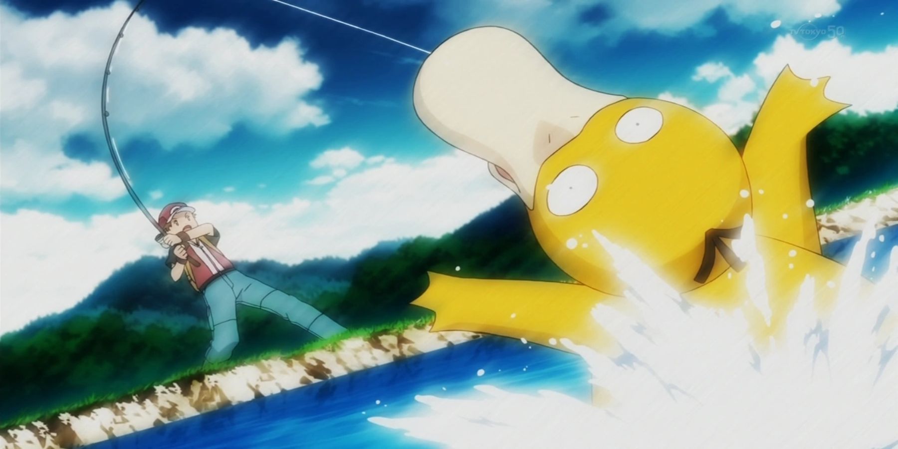Pokemon Origins' Red catching a Psyduck via fishing.