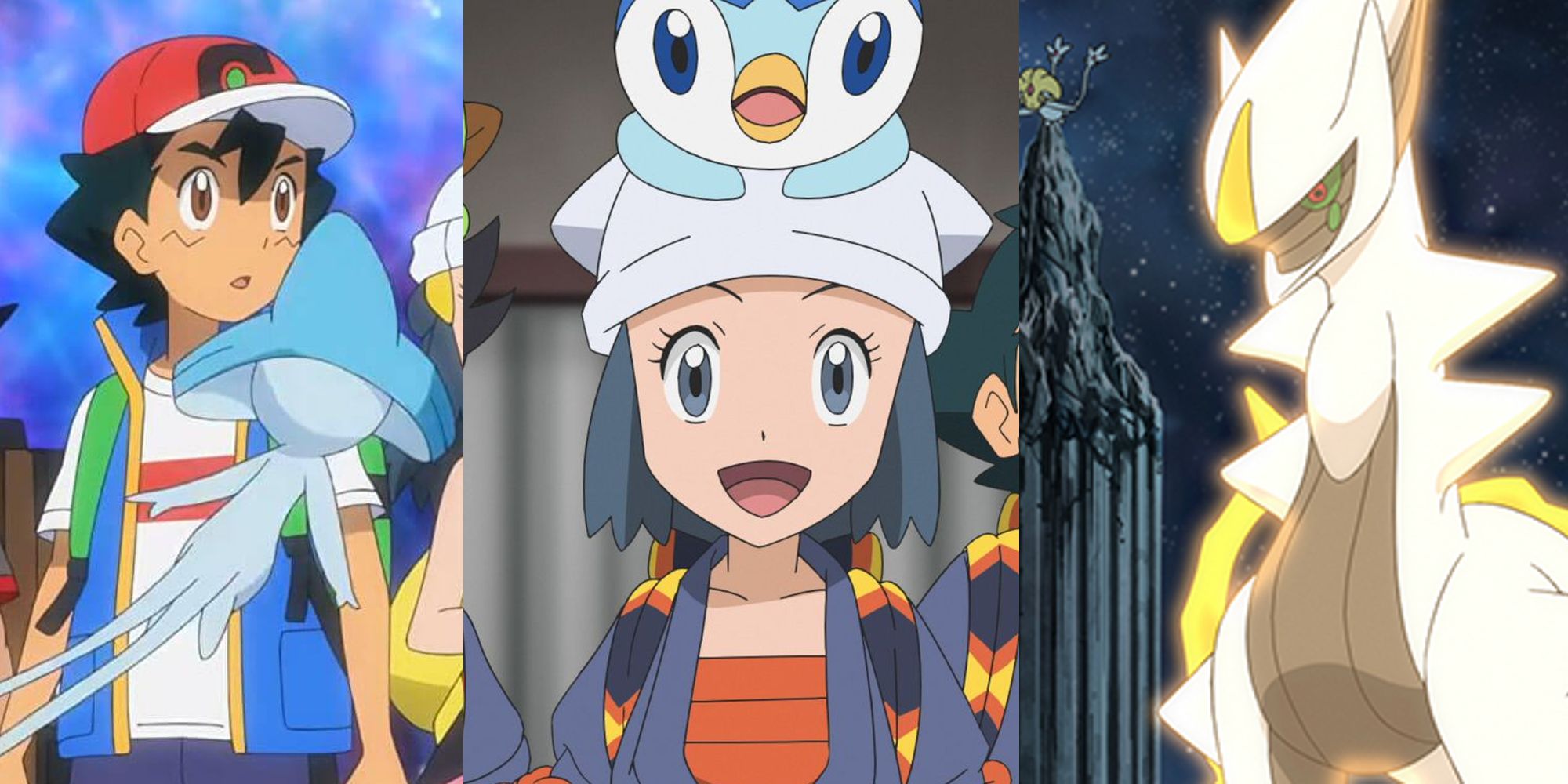 Ash encountering Azelf; Dawn in her Hisuian garb; Arceus appearing with Uxie