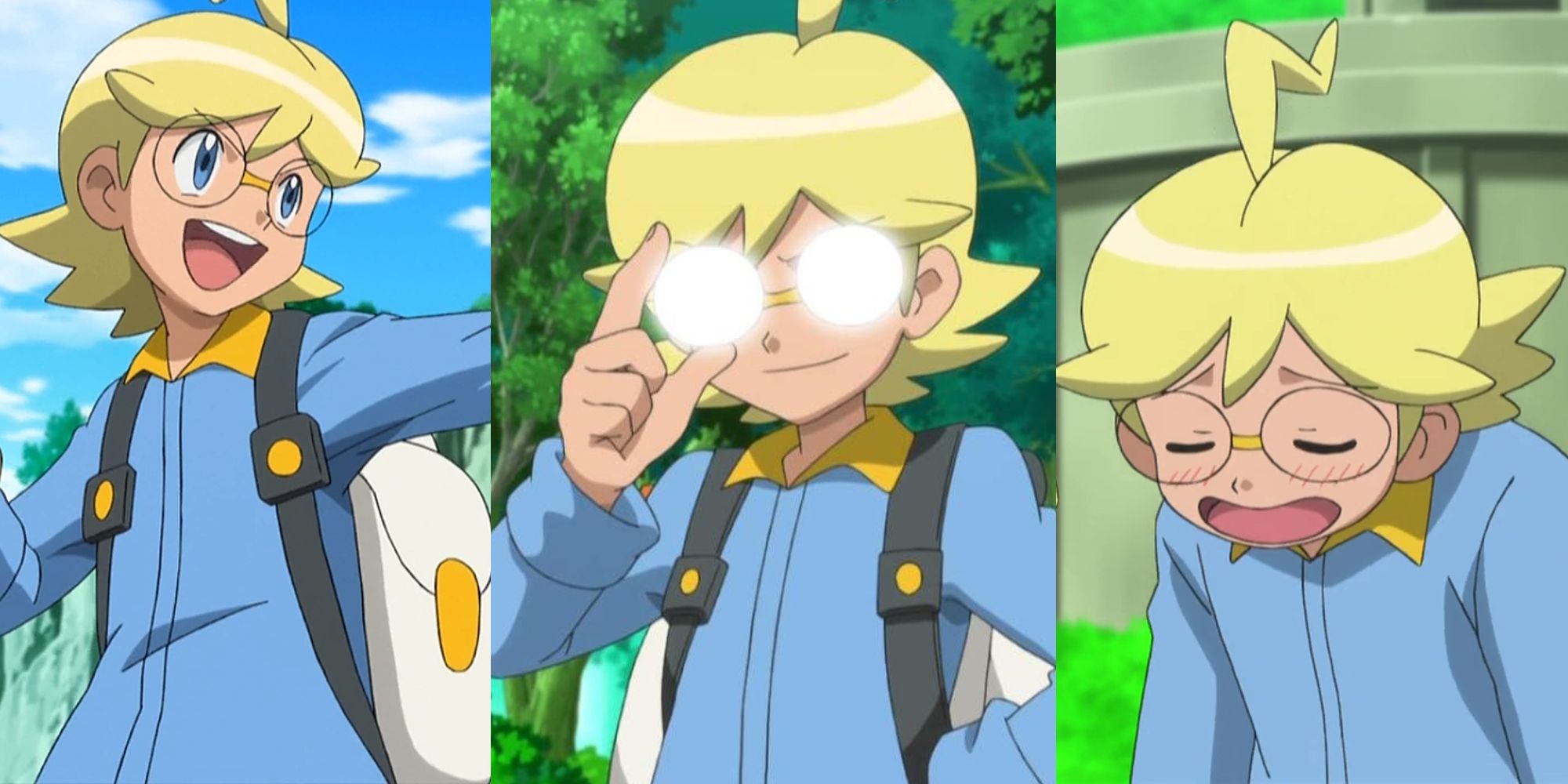Clemont in battle in the anime; Clemont fixing his shining glasses; an exasperated Clemont in the anime