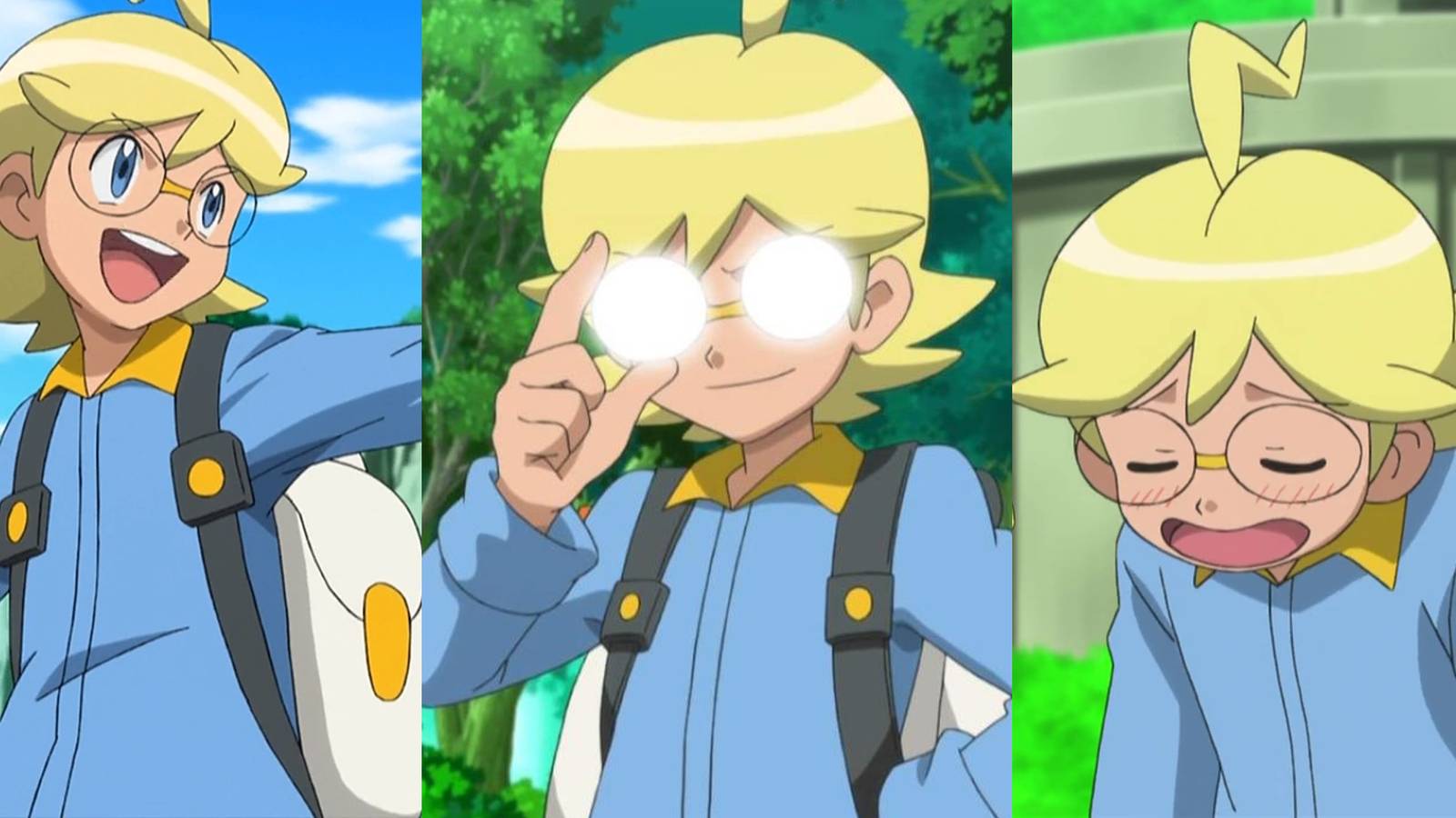 Clemont in battle in the anime; Clemont fixing his shining glasses; an exasperated Clemont in the anime
