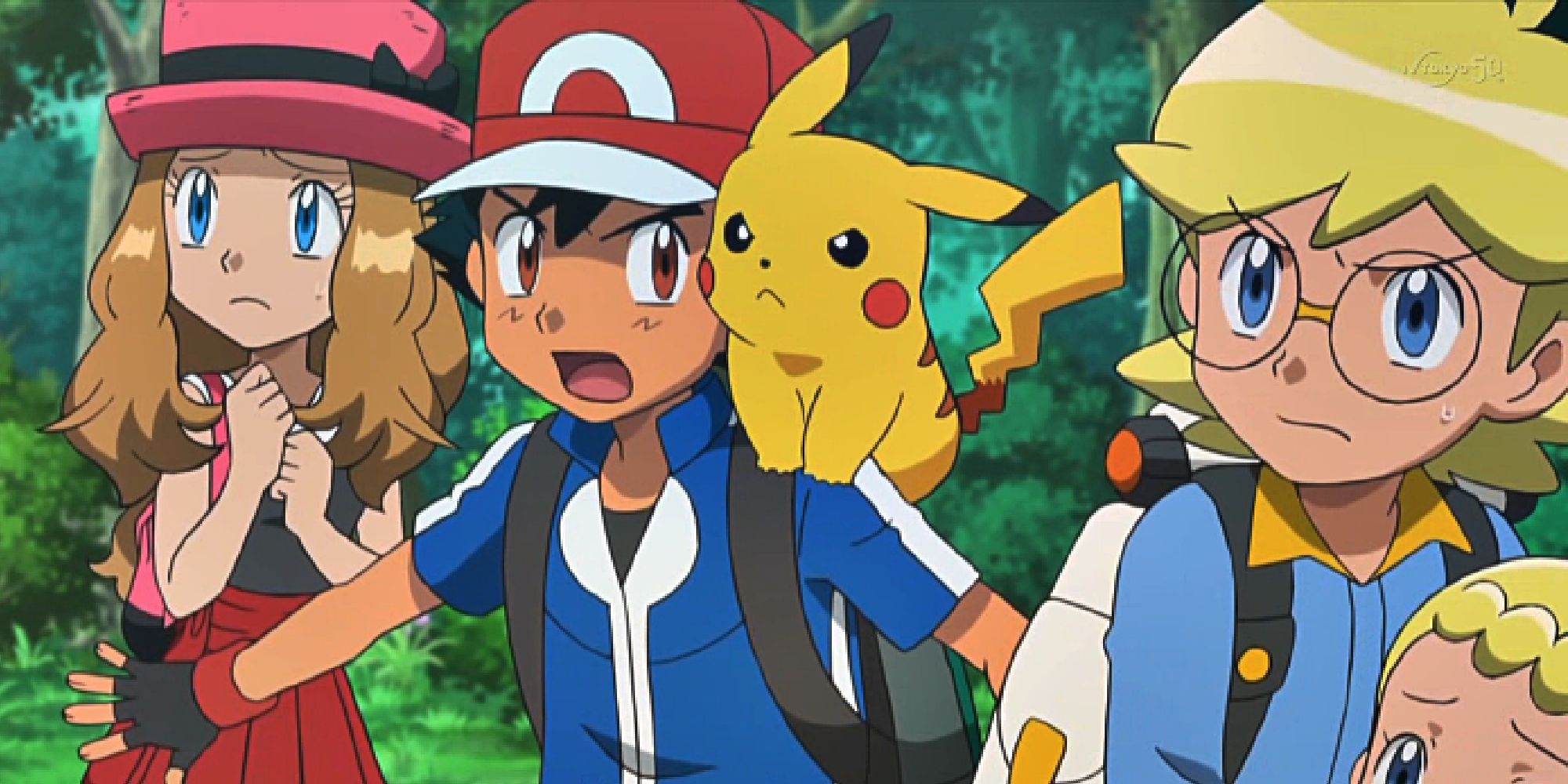 Ash and Clemont protecting Serena and Bonnie in a forest
