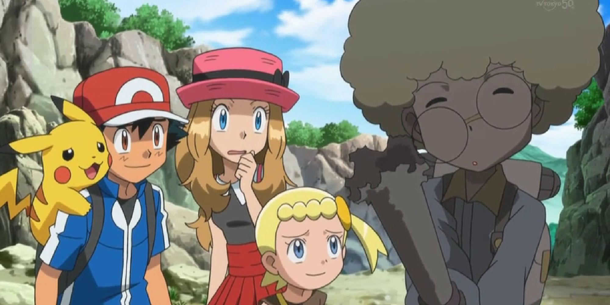 An exploded Clemont being laughed at by Ash, Pikachu, Serena, and Bonnie