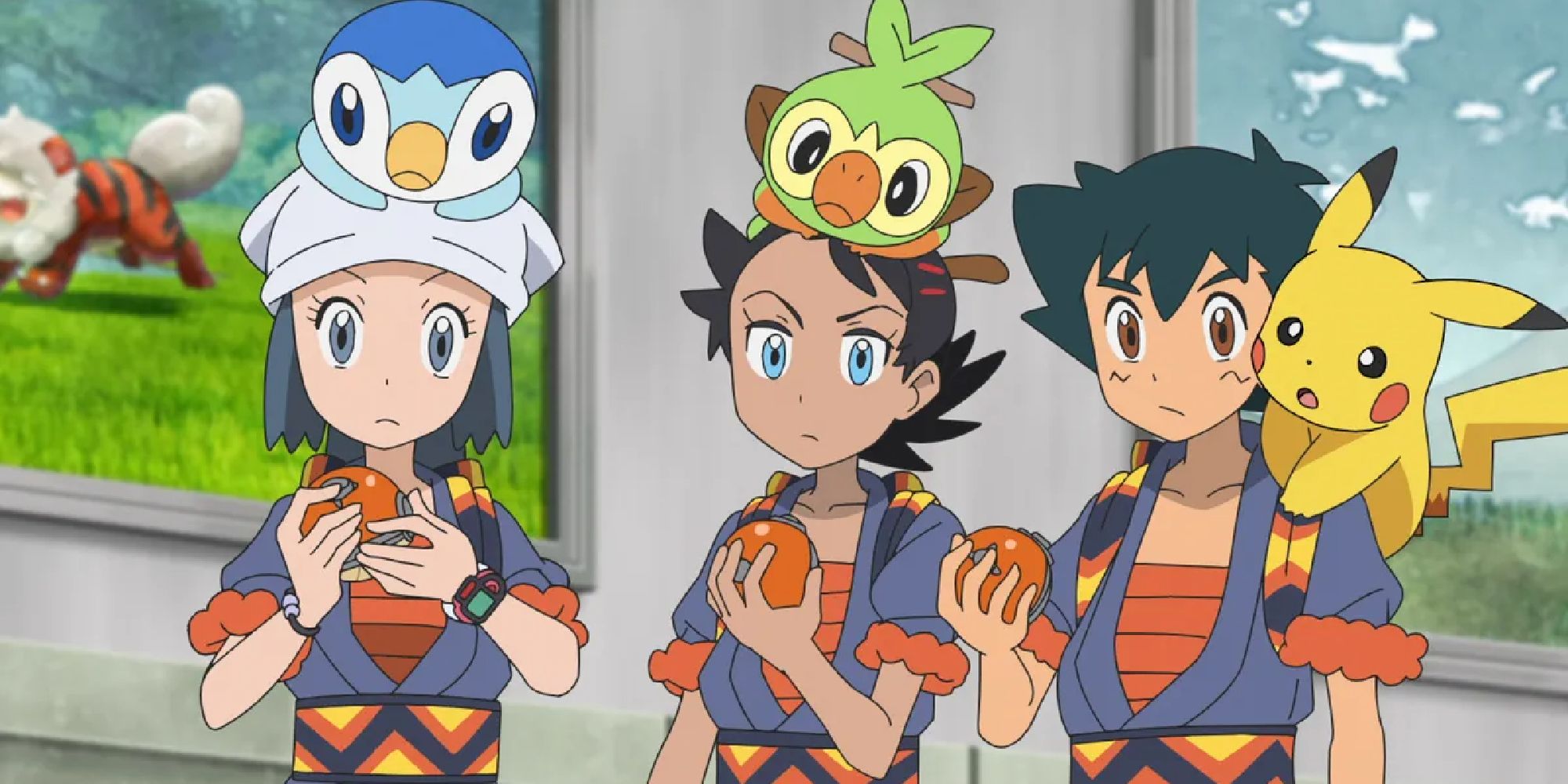 Dawn, Goh, and Ash wearing Hisuian garb holding Poke Balls with Piplup, Grookey, and Pikachu