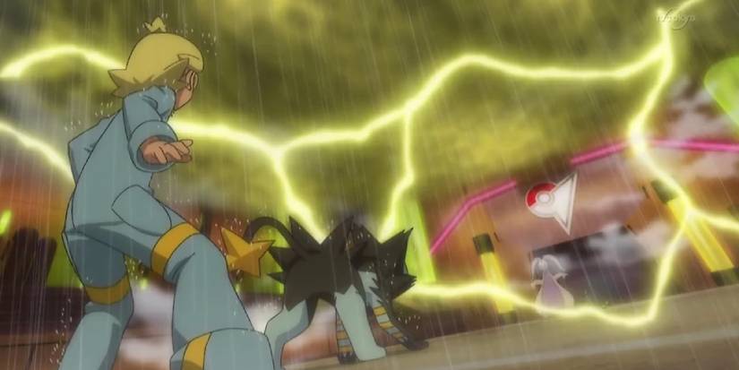 Clemont's Luxray facing Ash's Goodra in raining Electric Terrain