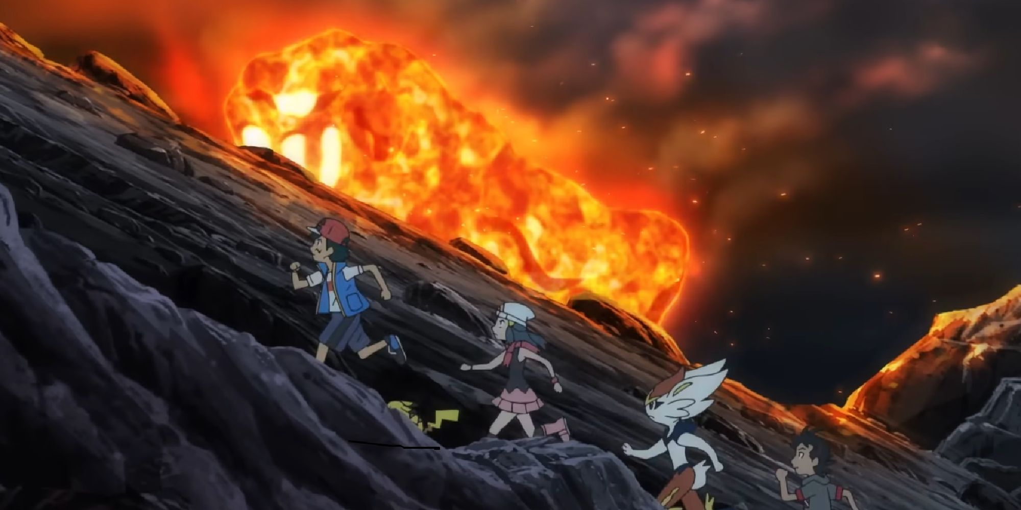 Ash, Pikachu, Dawn, Cinderace, and Goh climbing an erupting Mt. Coronet