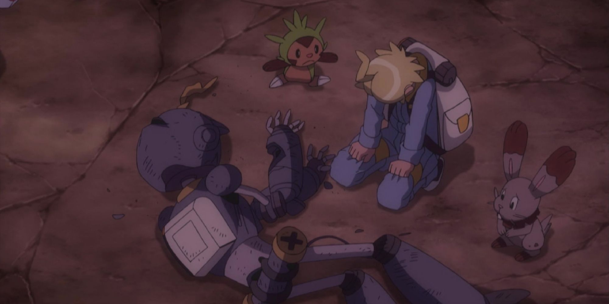 Clemont mourning the fallen Clembot with Chespin and Bunnelby
