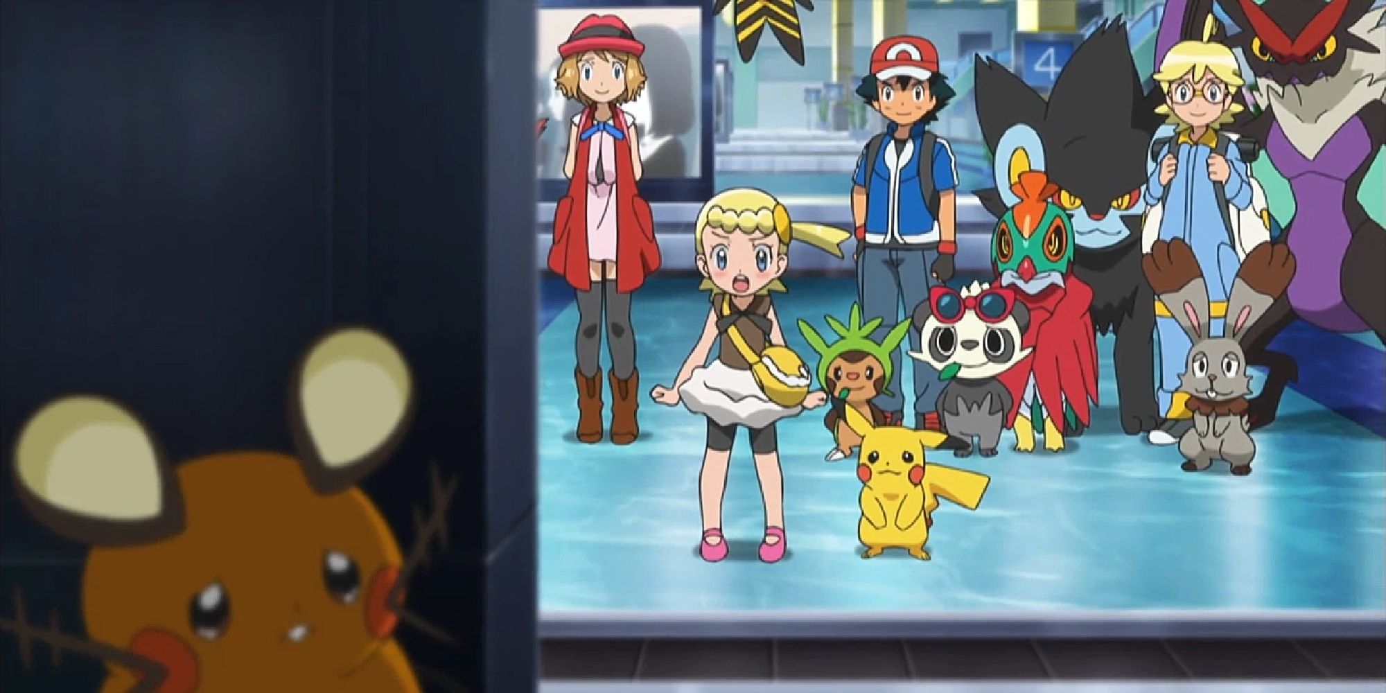 Serena, Bonnie, Ash, Clemont, and their Pokemon coaxing Dedenne out of hiding