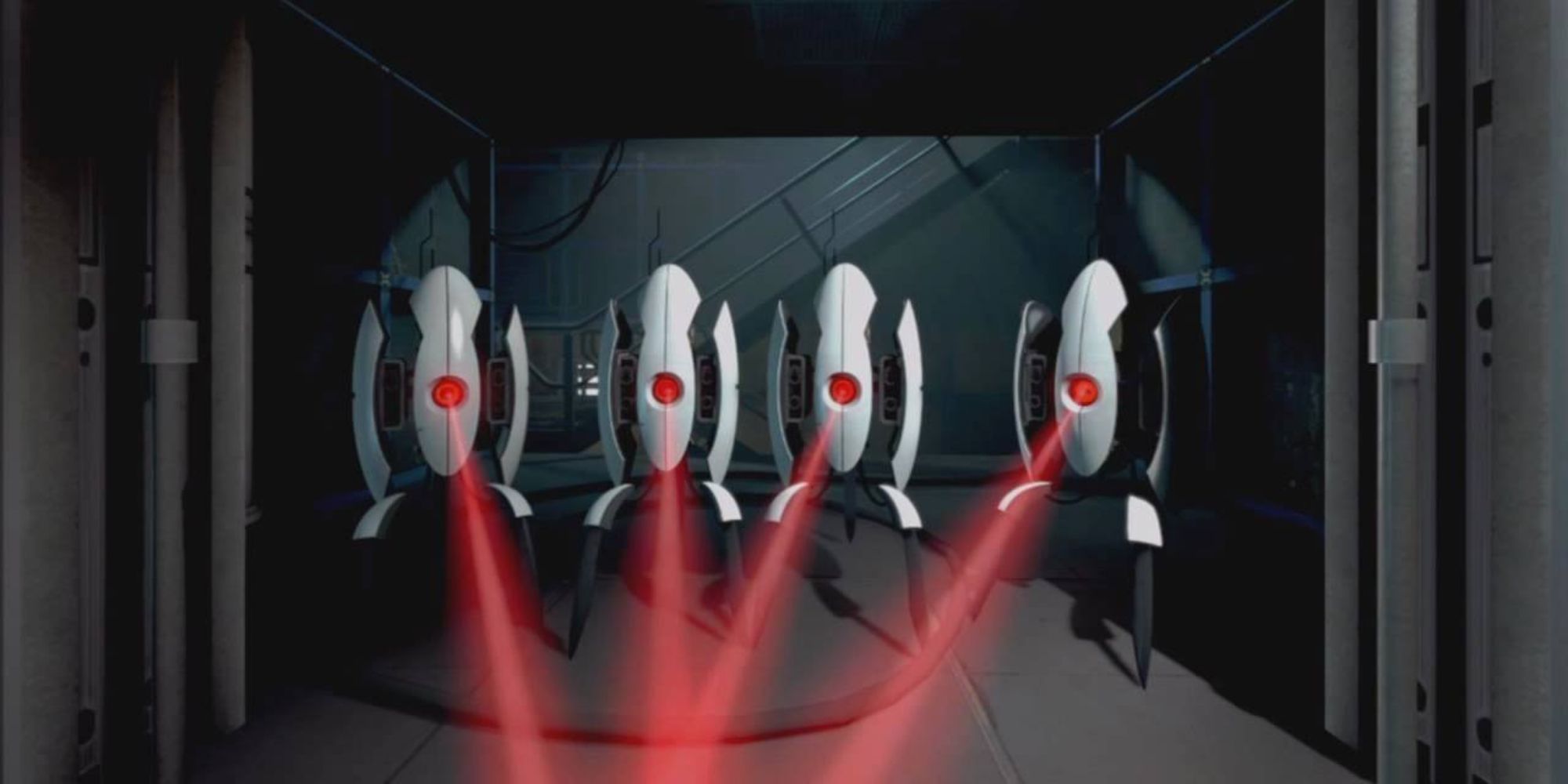 A group of turrets lined up in Portal 2