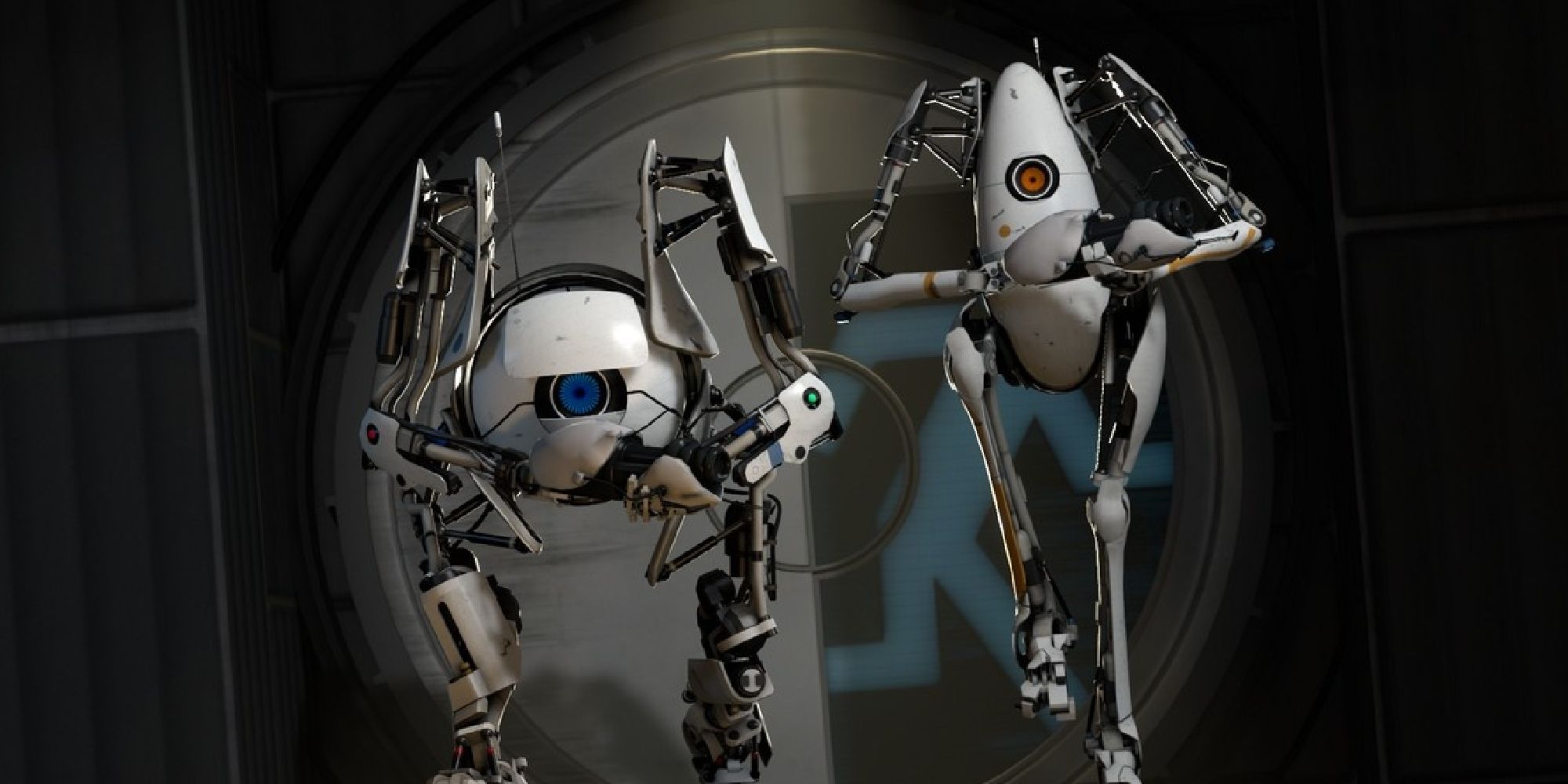 Atlas and P-body in a cutscene from Portal 2