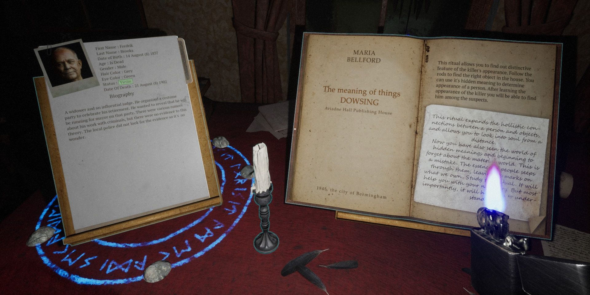 The player is holding a lighter while looking at a fact file and an open book in Prognostic