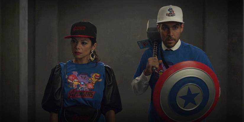 Nikki and Pug with Thor hammer and Captain America Shield in She-Hulk