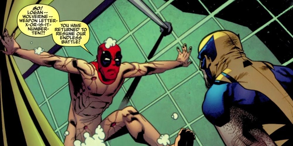deadpool in the shower being confronted by wolverine