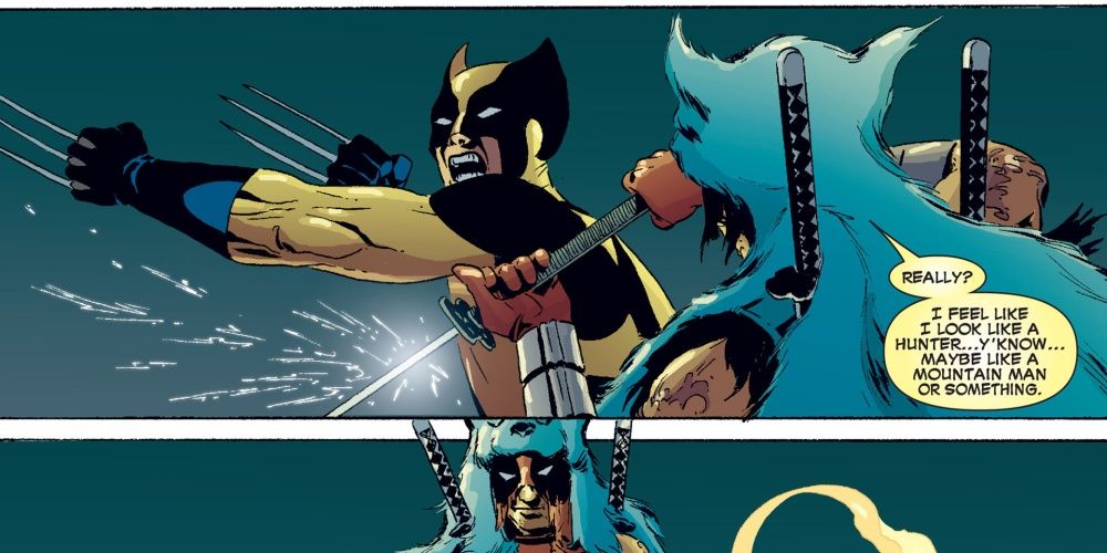 deadpool with a beast cloak fighting wolverine