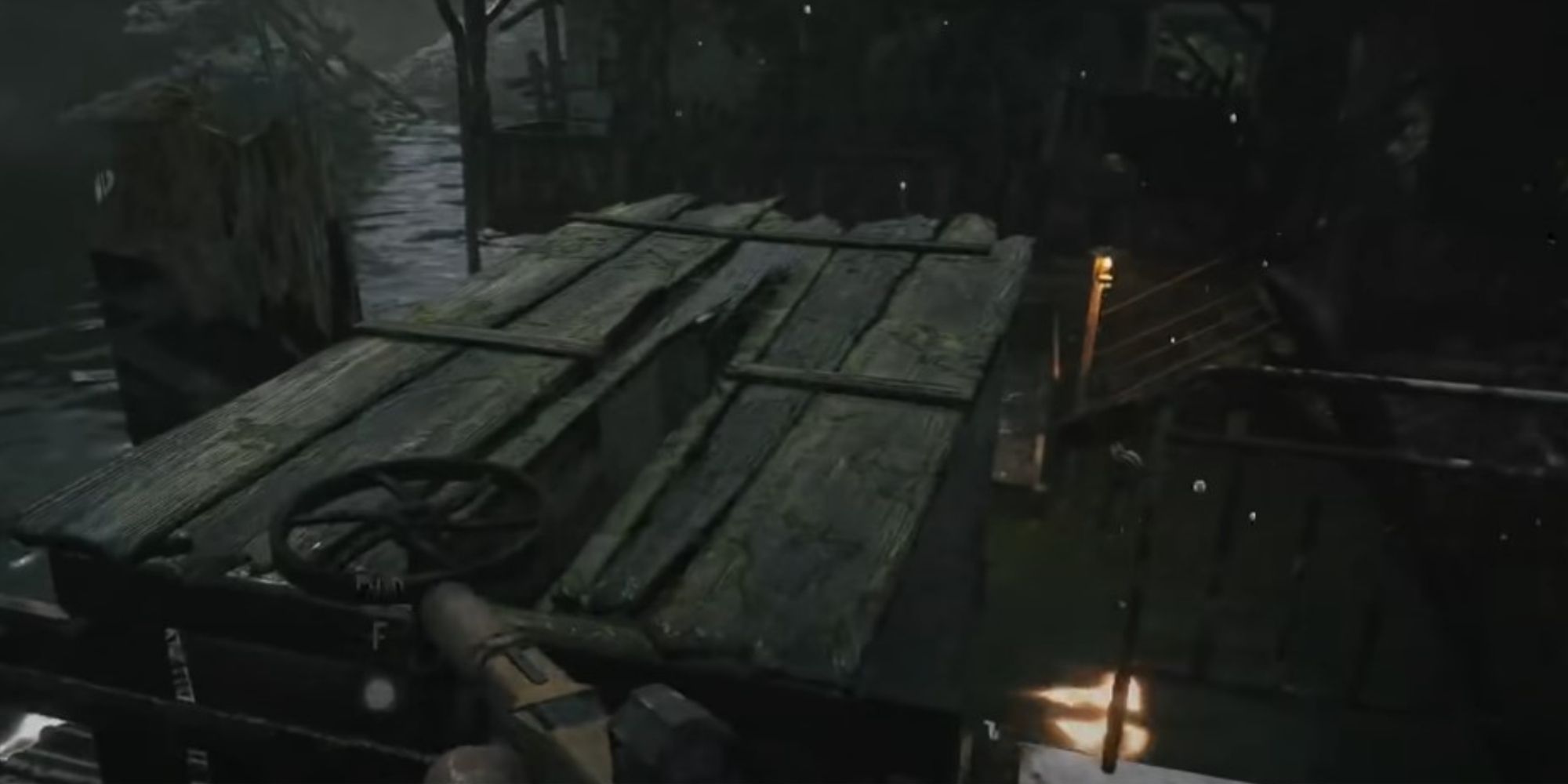Resident Evil Village Pushing A Wooden Minecart Into The Water For A Platform