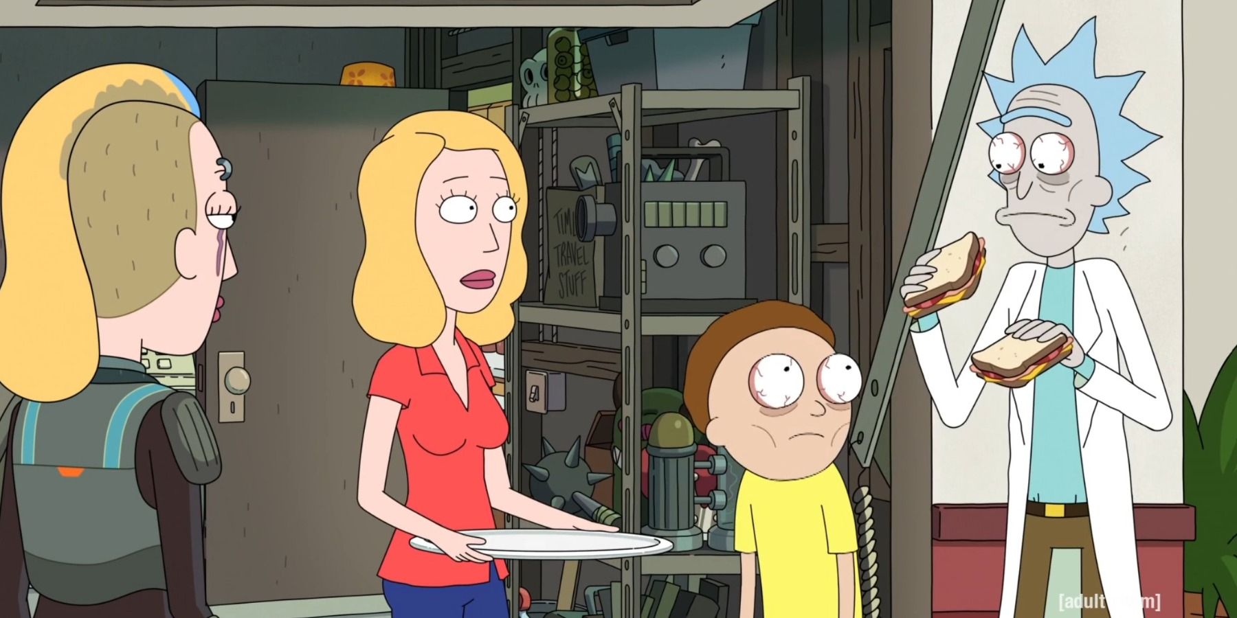 Beth giving starved Rick and Morty sandwiches