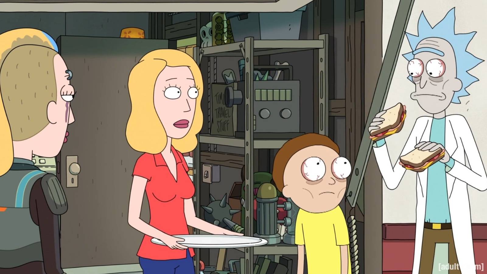Beth giving starved Rick and Morty sandwiches