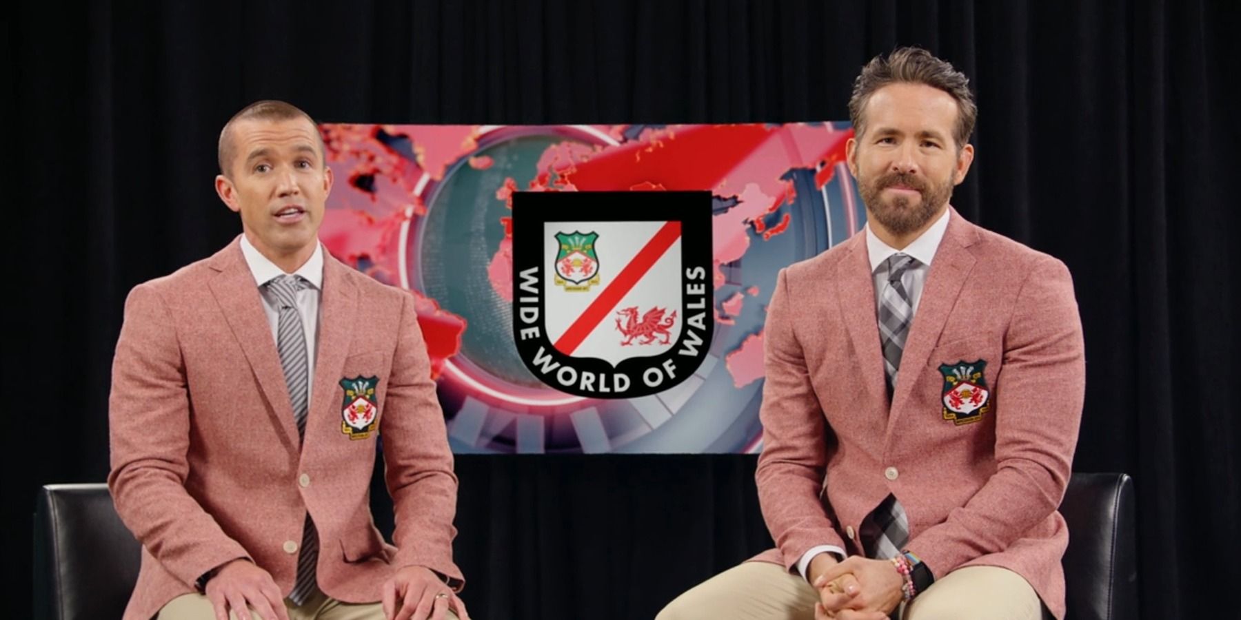 Rob McElhenney and Ryan Reynolds as Welcome to Wrexham presenters