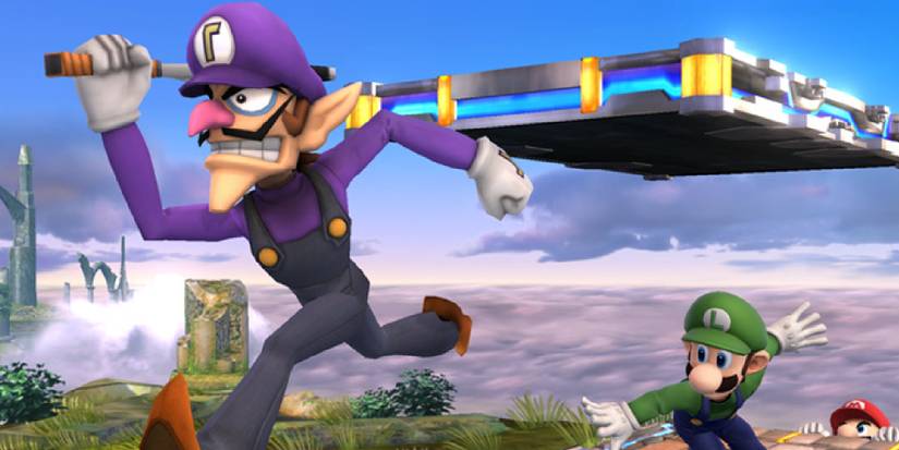 Waluigi running with a tennis racket from Luigi and Mario in Smash 4