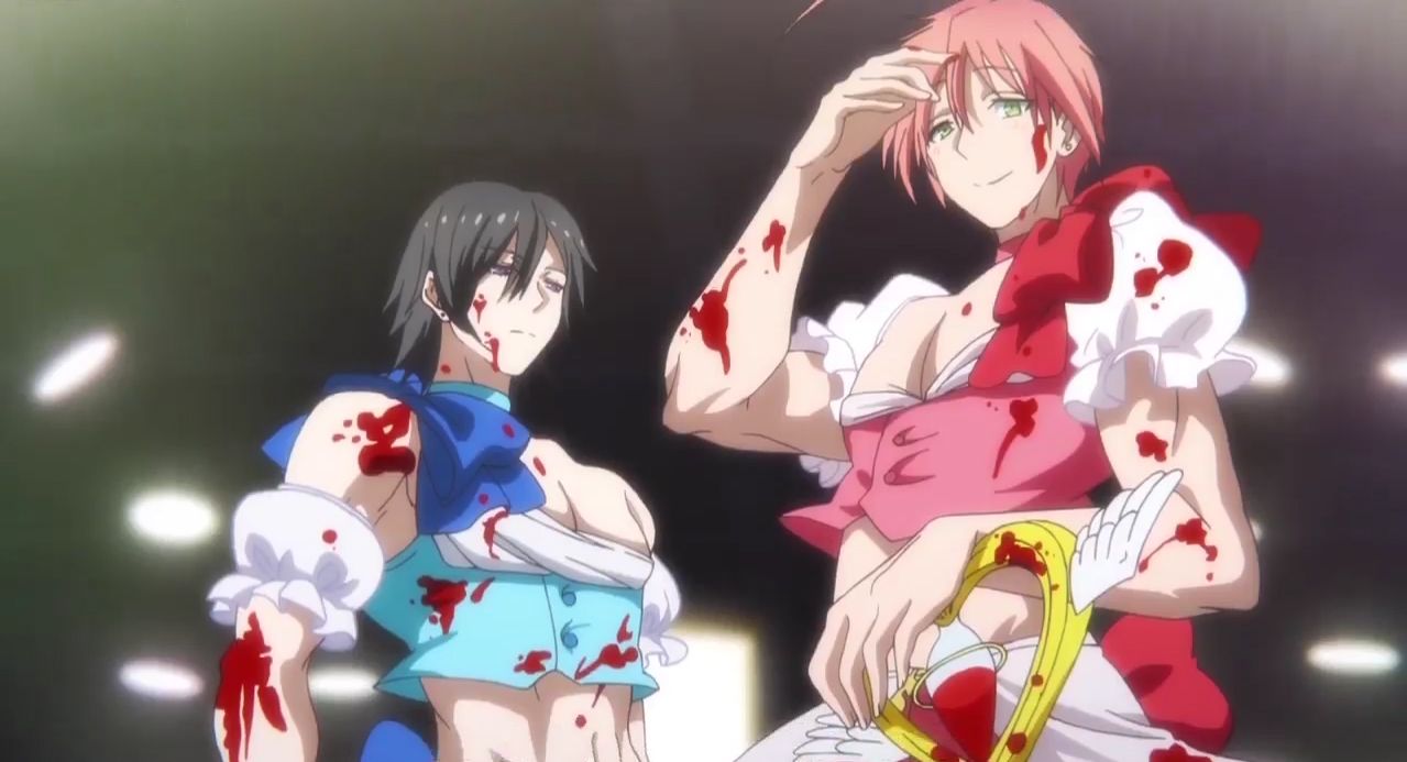 screenshot of two buff men in feminine magical girl outfits covered in blood