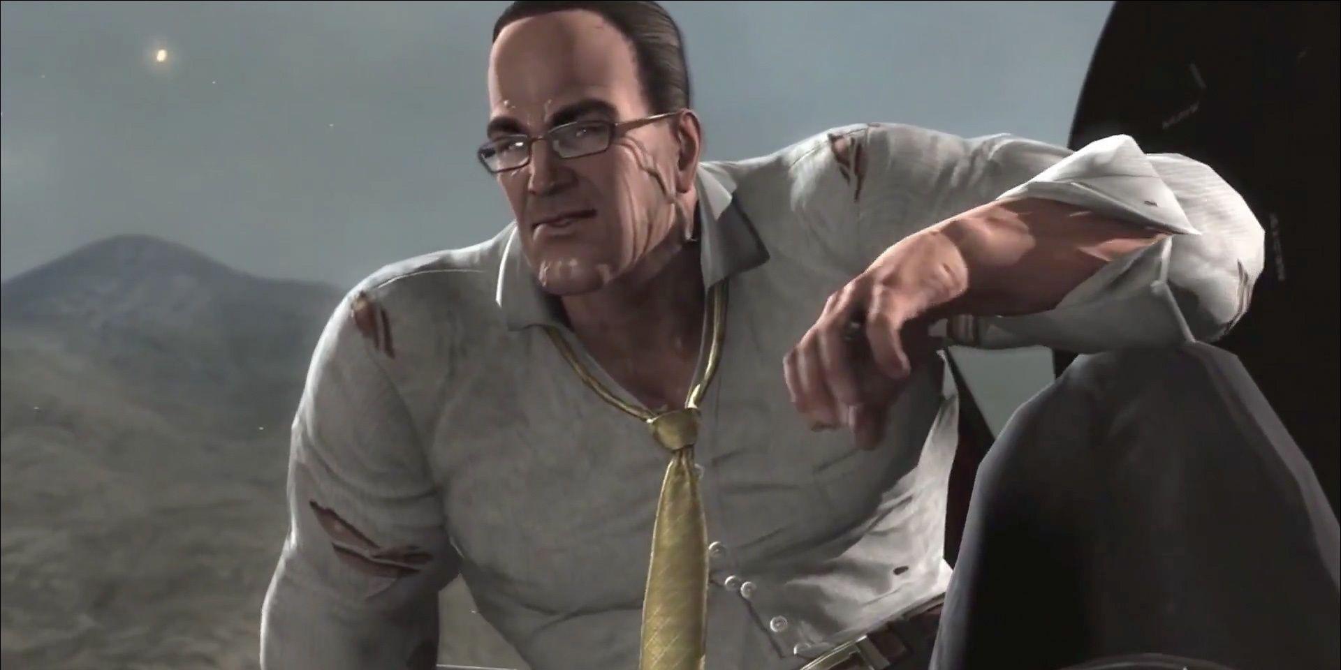 Senator Armstrong sitting on his side in Metal Gear Rising: Revengeance