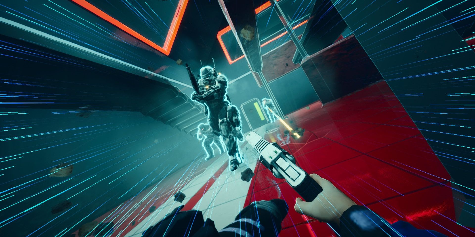 A player sliding towards an enemy and shooting them in Severed Steel