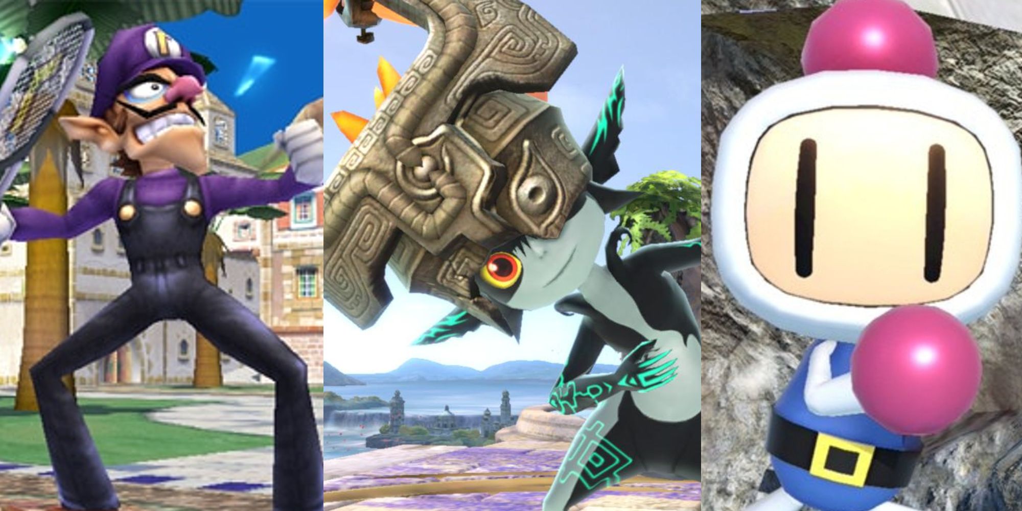 Waluigi appearing in Brawl; Midna posing in Ultimate; Bomberman running in Ultimate