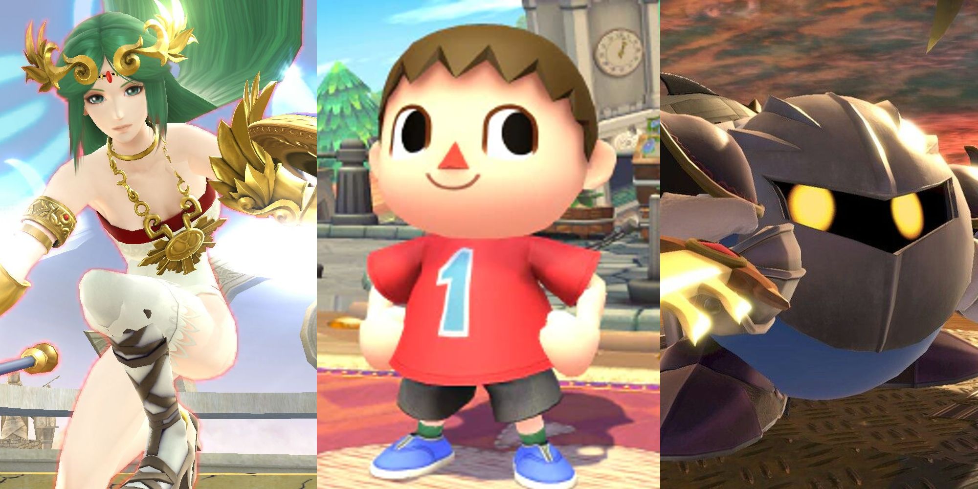 Palutena on the Skyworld stage; Villager on the Town & City stage; Meta Knight on the Halberd stage