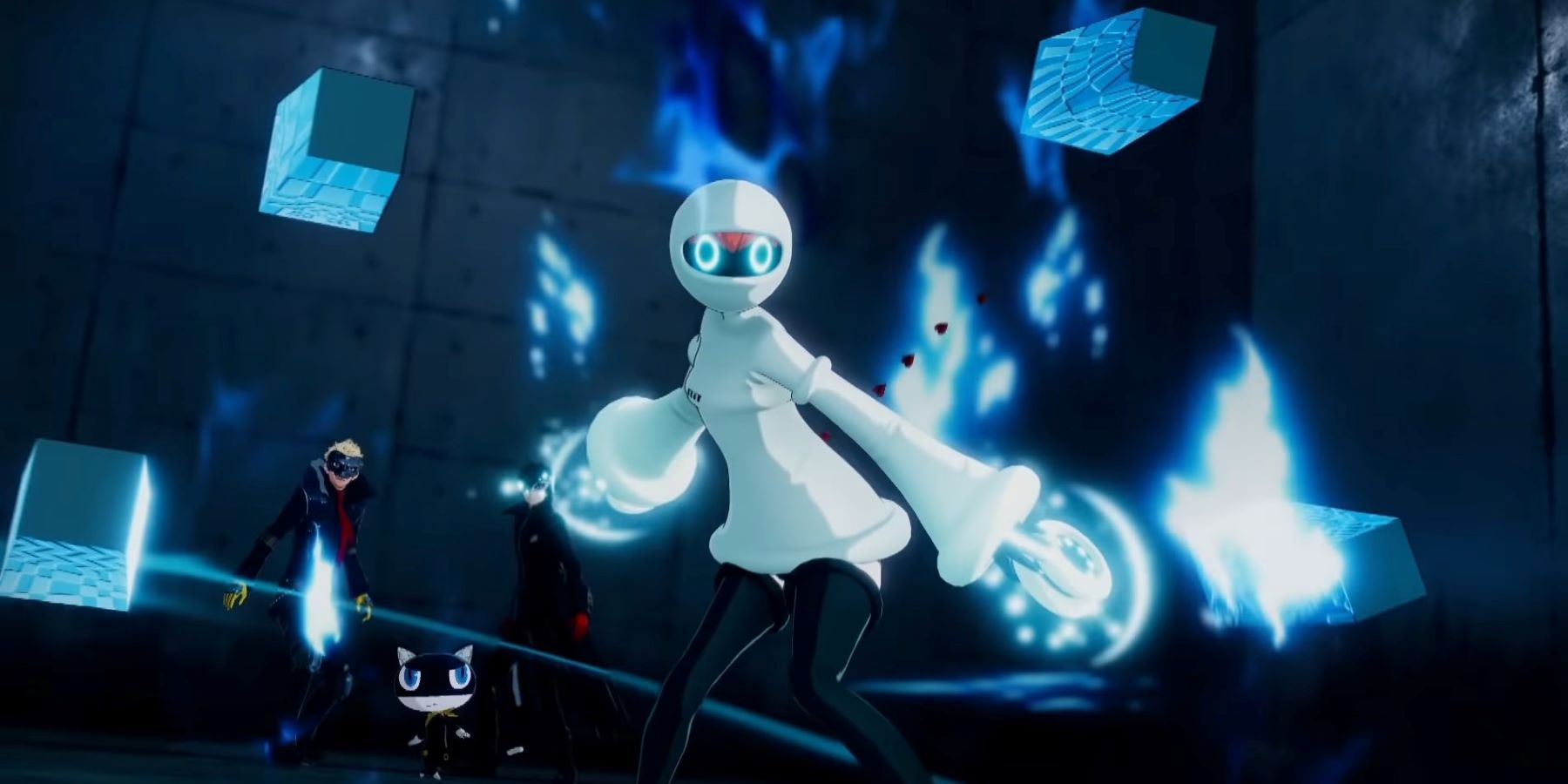 Persona 5 Strikers cutscene showing Sophia preparing to fight with Joker, Skull, and Morgana in the background