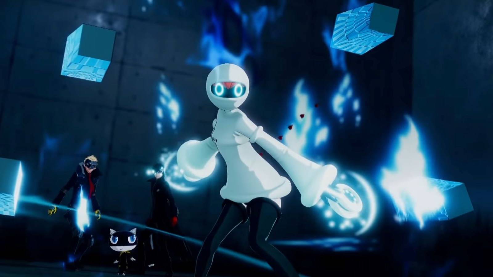 Persona 5 Strikers cutscene showing Sophia preparing to fight with Joker, Skull, and Morgana in the background