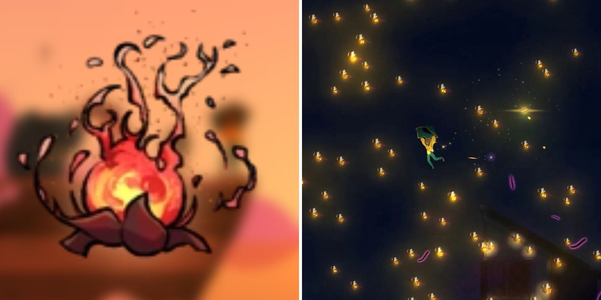 Fireglow and Stella floating through fireflies in Spiritfarer