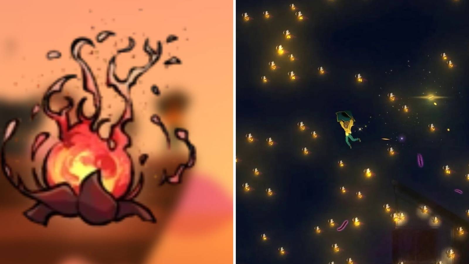 Fireglow and Stella floating through fireflies in Spiritfarer