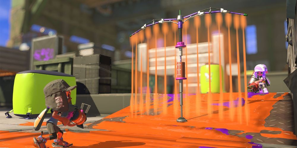 Splatoon 3 Splash Wall set up between two inklings