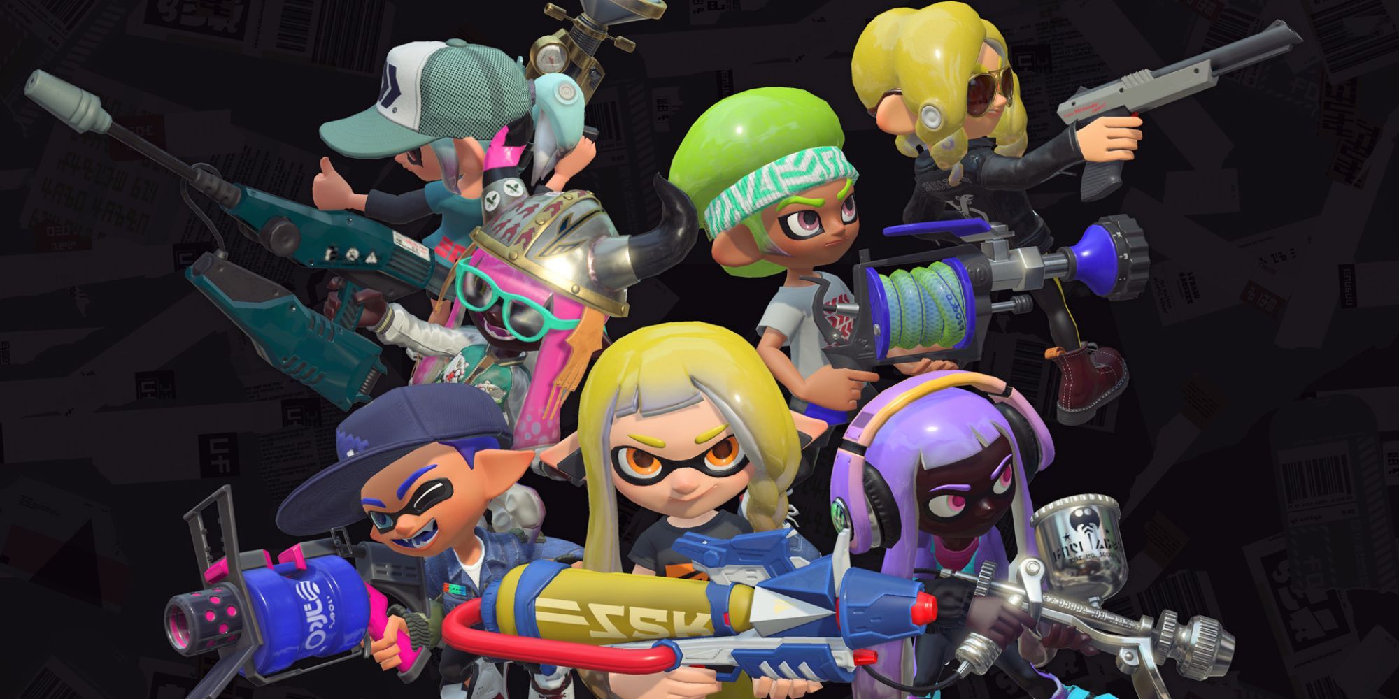 Splatoon 3 render with various inklings of different colors holding different weapons