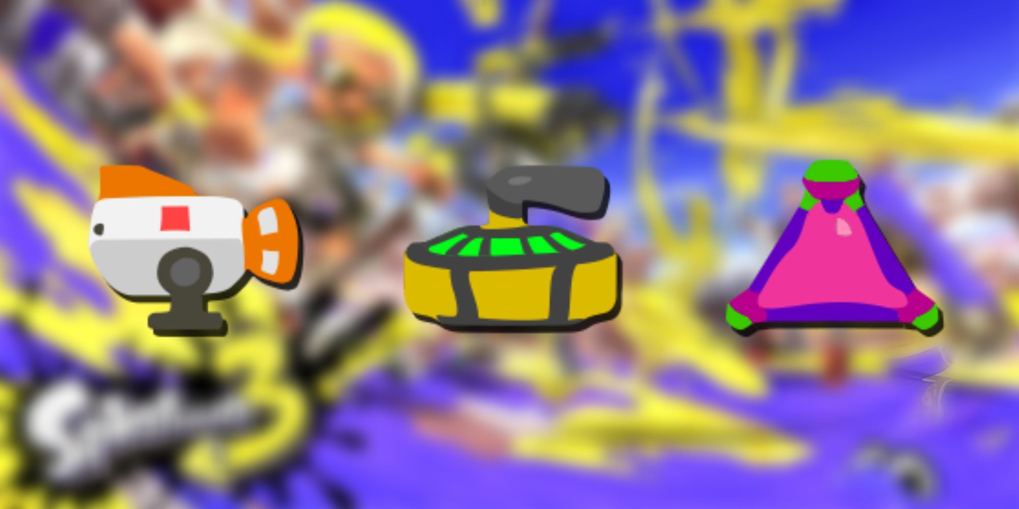 icons for the burst bomb, curling bomb and splat bomb layered over blurred a splatoon 3 render