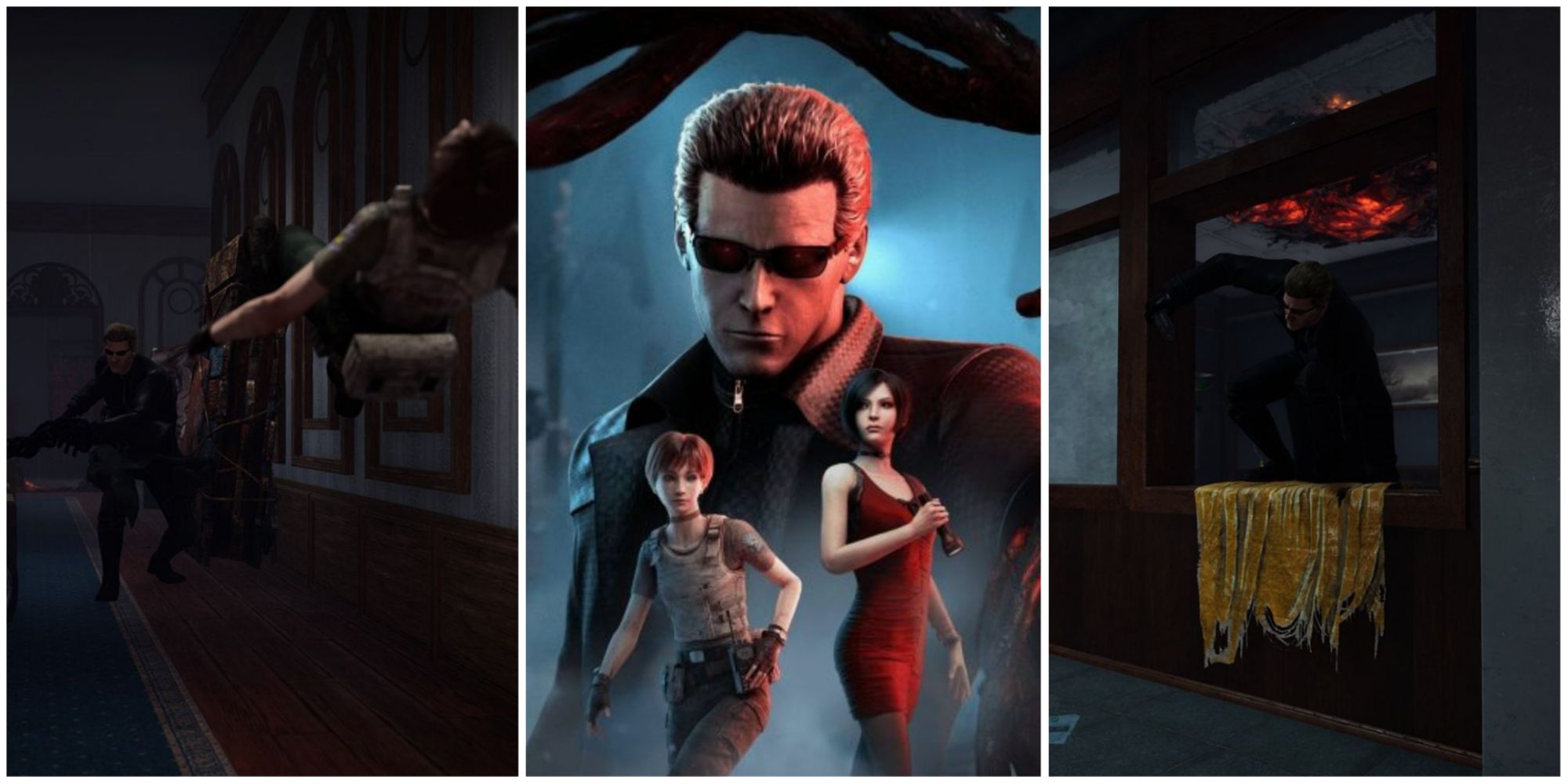 Split Image featuring Albert Wesker throwing Rebecca Chambers, Project W key art, and vaulting