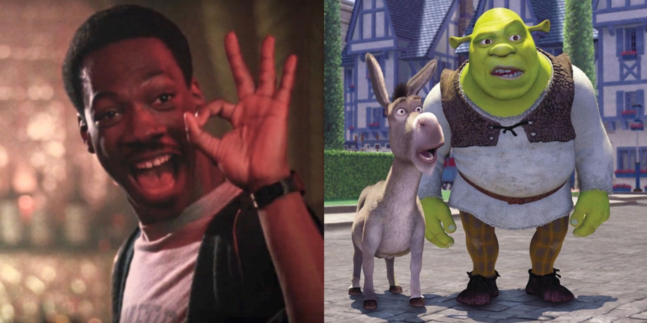 Split image of Axel Foley in Beverly Hills Cop and Shrek and Donkey in Shrek